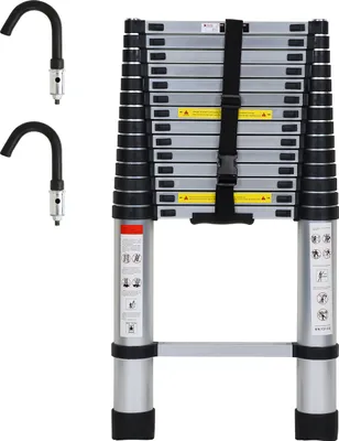 Produktbild von Izrielar Premium Alu Teleskopleiter Ausziehleiter Klappleiter Höhe 4,4M Silber Antirutsch Mehrzweckleiter mit Abnehmbaren Haken