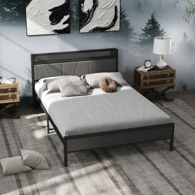Produktbild von STILVORA Polsterbett Metallbett Kopfteil mit Steckdose, Bettgestell Jugendbett mit 2 USB-Ladeanschlüssen, 27 cm Bodenfreiheit,140x200 cm,ohne Matratze