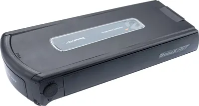 A black battery pack for an electric bike is shown from a diagonal angle against a white background.
