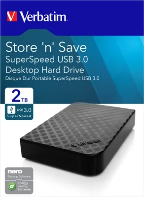 Product packaging and the hard drive itself, with marketing text and logos.
