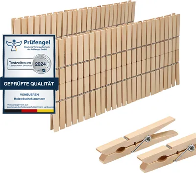 Produktbild von VonBueren 100 x Wäscheklammern Holz groß | 7,2 cm | Holzwäscheklammern