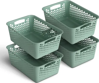 Produktbild von 4 Stück Aufbewahrungskorb 10L mit Griffen - BPA-Frei - Organizer ( 37 x 26 x 17 cm / Grün ) - Körbchen für Bad Küche Schlafzimmer, Haushaltskorb