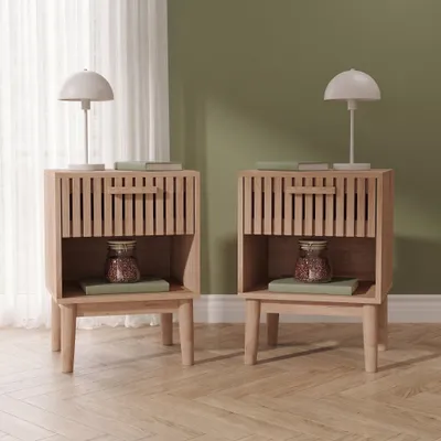 Produktbild von INONEFT Nachttisch 2er Set, Beistelltisch mit Schublade und offenes Fach, Holz Griff, Massivholzbeine, 40 x 35 x 55 cm