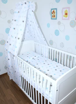 Produktbild von 4 teiliges Baby Bettset Bettwäsche mit Himmel Vollstoff - Bettausstattung - ON-14. Star Blau