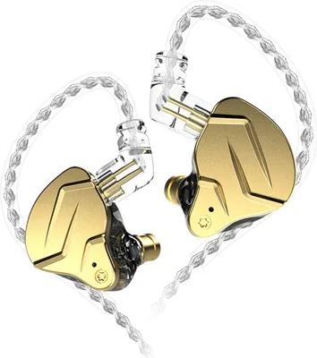 A pair of gold and black in-ear headphones with transparent cables, presented against a white background.