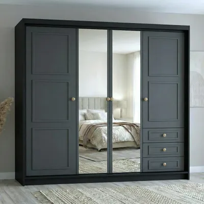 Produktbild von Geräumiger viertüriger Kleiderschrank OSLO mit Schubladen und Metallgriffen – modernes Design Farbe: Schwarz , Graphit