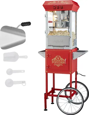 Obrázek produktu pro VEVOR popcornovač popcornovač popcornovač s vozíkem 850 W popcornovač 8 oz konvice na 48 šálků na jednu náplň, popcornovač s tvrzeným sklem, včetně 4 naběraček, cinema style, červený