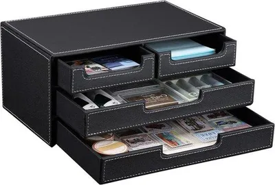 Image de Organiseur de bureau en cuir à 4 compartiments - Rangement de bureau pour fournitures de bureau - Boîte de bureau élégante - Noir.