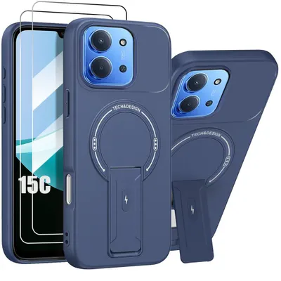 Image de Coque + 2 Verres Trempés pour Xiaomi Redmi 15C, Silicone avec Cercle Magnétique et Support - Bleu Marine