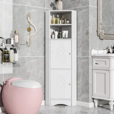 A bathroom scene with a corner cabinet, toilet, and sink.