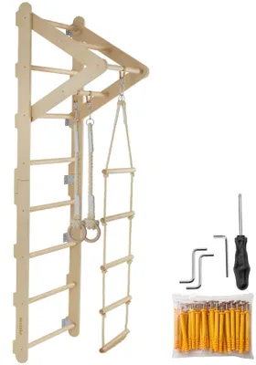 Produktbild von tectake® Sprossenwand 4in1 für Kinder, mit Turnringen Strickleiter Klimmzugstange, Indoor Holz, 62 x 58 x 210 cm, in hellbraun