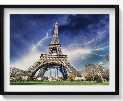 Produktbild von Eiffelturm, Blitze und Gewitter– Wandbild mit Rahmen – Gerahmtes Bild  – Wanddekoration – 80x60 cm –  Schwarz Rahmen