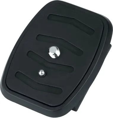 A black camera quick release plate with silver screws on a white background.