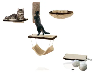 Produktbild von Rohrschneider Katzen-Kletterwand 6-teilig in Beige | Kletterlandschaft mit Kratzbrett, Katzen Höhlenbett & Wandelementen | Katzenwandmöbel mit Katzenkratzbretter Wand | Katzen Kletterlandschaftâ€¨