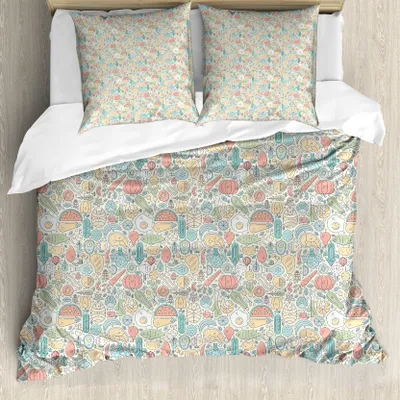Produktbild von ABAKUHAUS Essen Bettbezug Set für Einzelbetten, Pastell Bio-Lebensmittel, Milbensicher Allergiker geeignet mit Kissenbezug, 155 cm x 220 cm - 80 x 80 cm, Mehrfarbig