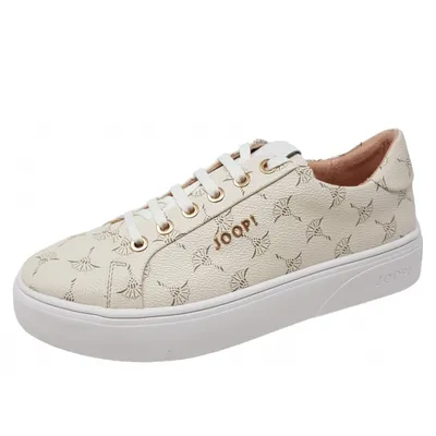A single beige sneaker with a patterned design and white sole, shown from a side-diagonal angle against a white background.