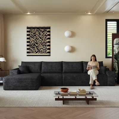Immagine prodotto di Divano angolare modulare senza schienale, con chaise longue a forma di L, design moderno, seduta profonda. Non richiede montaggio