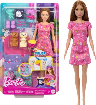 Produktbild von Barbie -Puppe und Welpen-Pyjama-Party-Spielset mit 2 Spielzeughunden und mehr als 10 Zubehörteilen, Farbwechsel, Modepuppe, Weiblich, 3 Jahr(e), Mädchen, 220 mm, 280 g