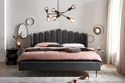 Produktbild von SalesFever Muschelbett aus Samt | 180 x 200 cm | Beine aus goldfarbenem Chrom | B 192 x T 218 x H 115 cm | grau – goldfarben