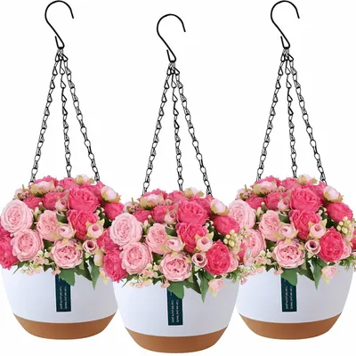 Image de Pots de fleurs suspendus 3 pièces - Intérieur/Extérieur - Avec trous de drainage - Soucoupe - Multicolore - Convient pour les plantes