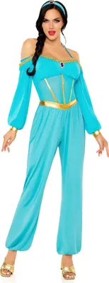 A woman wearing a blue and gold oriental-style costume.