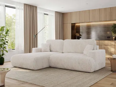 Produktbild von MKS MEBLE Ecksofa OVO mit Schlaffunktion und Bettkasten, Beige Cord, L-form Couch, 4-Sitzer Ecksofa, 271x195x95 cm - Links Seite