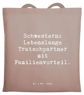 Produktbild von Mr. & Mrs. Panda Einkaufstasche Spruch Schwestern Tratschpartner - Braun Pastell - Geschenk, Geschenke, Weihnachten, Uni Tasche, Dankeschön, umhängebeutel, Tratsch, Spaß