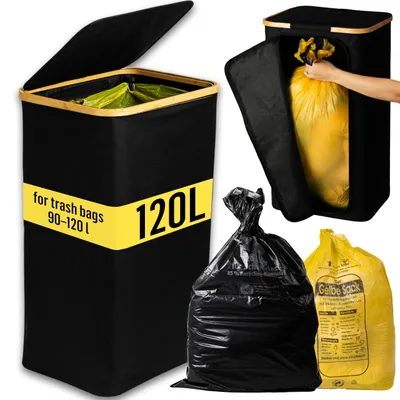 Produktbild von Müllsackständer mit Deckel, 90-120 l, Bambus und Metall, faltbar, schwarz für Garten