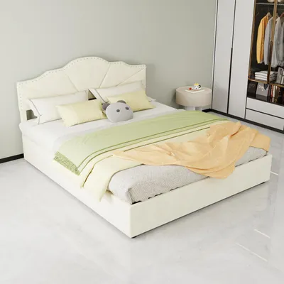 Productafbeelding van Zerbaco gestoffeerd tweepersoonsbed, 160x200 cm, met hydraulisch bedombouw en lattenbodem, beige, zonder matras