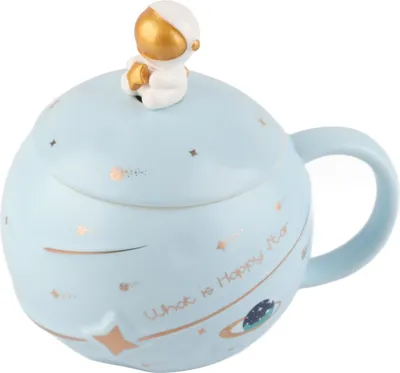 Zdjęcie produktu dla 400ml Uroczy Kubek Astronauta Ergonomiczny Uchwyt Kubek Ceramiczny Z Pokrywką Łyżeczka Do Kawy Herbaty Mleka Jasnoniebieski