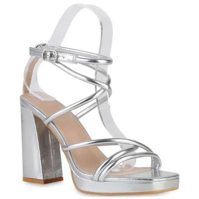 Produktbild von VAN HILL Damen High Heels Sandaletten Party Plateau Vorne Schuh 839940, Farbe: Silber, Größe: 38