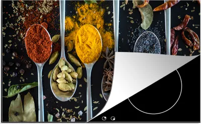 Produktbild von KitchenYeah© Herdabdeckplatte Löffel - Gewürze - Kräuter - Essen - Tisch , 90x52cm, Küche Deko, Glaskeramikkochfeld Herdabdeckung, Abdeckplatte fùr Kochfeld