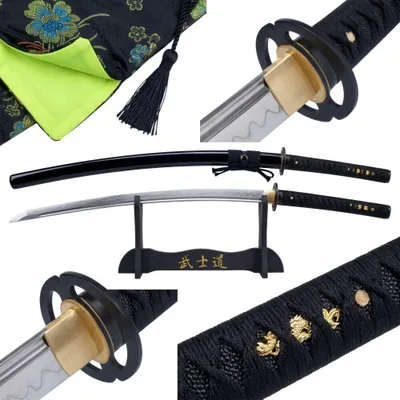 Zdjęcie produktu dla Dekoracyjny miecz samurajski Katana 105 cm - metalowe ostrze, z drewnianym stojakiem, czarno-czerwony, pokazowy wygląd walki BL777