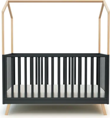 Produktbild von AT4 – Baybett Hausbett Holz 70x140 KASA Graphitgrau und lackierte Buche | Babybett umbaubar zum boden juniorbett mädchen und Jung | Gitterbett mit Lattenrost 3 Stufen Höhenverstellbar |Abnehmbare Bettleiter