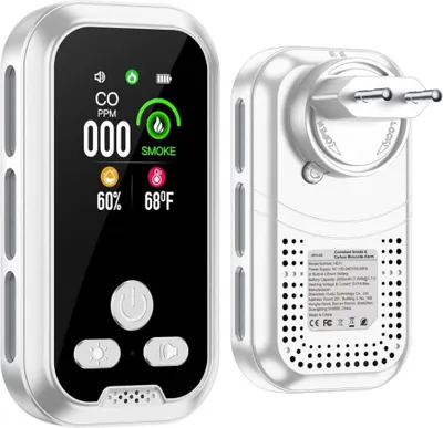 A combined smoke and carbon monoxide detector with a digital display and a plug-in adapter.