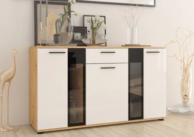 Produktbild von Kommode SALSA Sideboard 140,4 cm mit Schubladen mit 3 Türen Highboard Schrank Wohnzimmer Weiß/Eiche Artisan