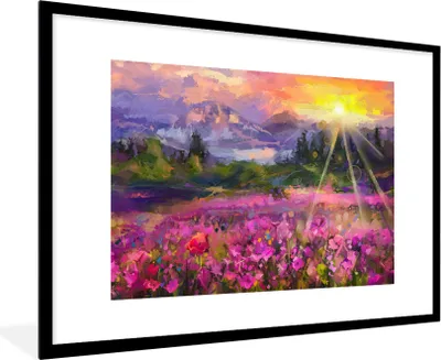 Produktbild von MuchoWow® Gerahmtes Poster Gemälde - Ölfarbe - Blumen - Natur - Sonne 90x60 cm - Poster mit Schwarzem Bilderrahmen Wandposter Rahmen Foto Bilder - Wanddekoration - Fotos