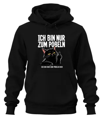 Obrázek produktu pro Jsem tu jen kvůli tomu, abych se bavil. Černá kočka, sarkastický motiv, mikina s kapucí, černá barva, velikost S