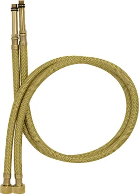 A pair of gold braided hoses with brass fittings on a white background.