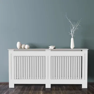 Immagine prodotto di FATIVO Copriradiatore 152x19x101cm: Copertura per radiatore extra alta in bianco con finitura effetto legno, in MDF ispessito, lamelle orizzontali