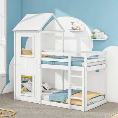 Produktbild von Flieks Hochbett Etagenbett 90x200cm mit Lattenrost und Leiter, Hausbett Kinderbett Kiefer Massivholzbett für 2 Kinder Stockbett, ohne Matratze, Weiß