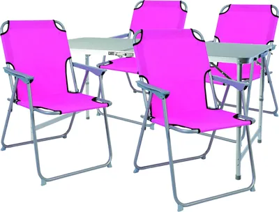 A set of four pink camping chairs and two small tables, arranged in a configuration suggesting a campsite setup.
