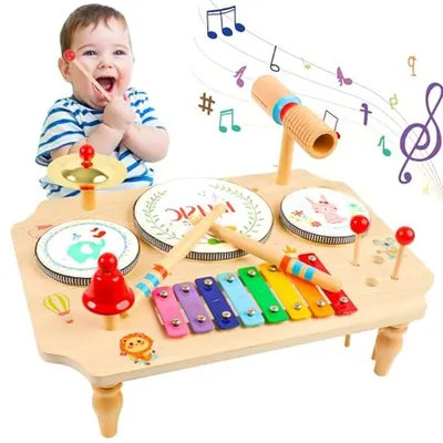 Zdjęcie produktu dla Stolik muzyczny dla dzieci - instrumenty drewniane - rozwój muzyczny - zestaw 11 w 1 - 31 x 15 x 15 cm - wielokolorowy