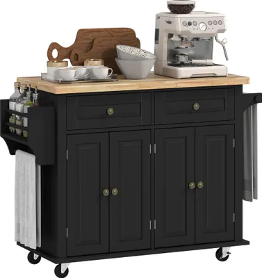 Image de HOMCOM Desserte ilôt de cuisine multi rangements 2 tiroirs 2 placard 2 portes avec étagère range-bouteille porte-torchons et étagère réglable MDF noir hévéa