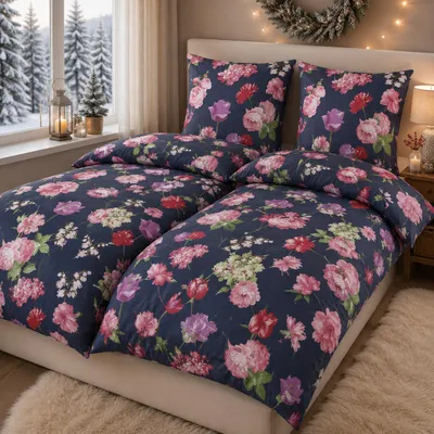 Produktbild von Bettwäsche Winter Biber Feinbiber Baumwolle 2x 135x200 + 2x 80x80 cm Doppelpack Design: Floral, KI-generiertes Bild