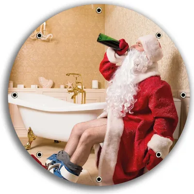 Produktbild von Wallario rundes Outdoor-Poster für Garten oder Balkon, Motiv Betrunkener Weihnachtsmann mit Weinflasche auf dem Klo, 30 cm Durchmesser