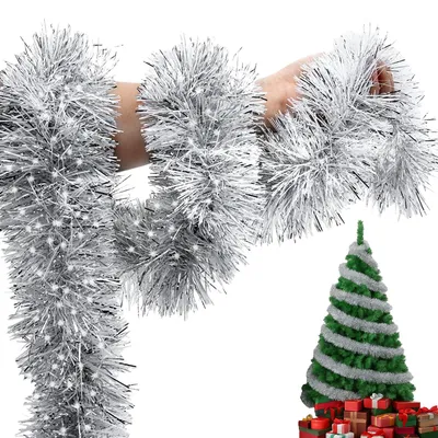 6 silberne Weihnachtsgirlanden 2 m – Glitzerdeko für Baum & Treppe