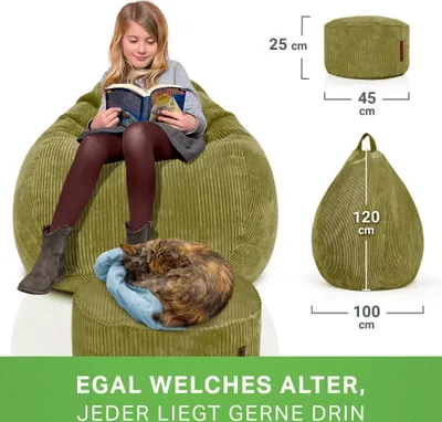 Produktbild von Green Bean® 2er Set Indoor XXL Sitzsack + Pouf mit EPS-Perlen Füllung - Fußhocker Fußkissen Hocker Bodenkissen Liegekissen Sitzkissen Lounge Chair - Grün