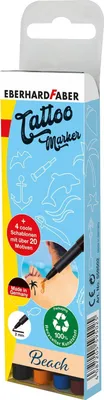 Produktbild von Eberhard Faber 559502 - Tattoostifte Set Beach mit 4 Markern in unterschiedlichen Farben und 4 Schablonen, im Etui, abwaschbar, getestet, zur kreativen Gestaltung der Haut