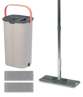 Immagine prodotto di Set di mocio piatto Relaxdays, secchio da 5 litri con sistema di strizzatura, 2 compartimenti, bordi protettivi, dimensioni: 39x19x24,5 cm, 2 dischi in microfibra, colore grigio